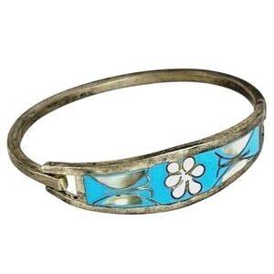 Alpaca Mexico Silver Enamel Blue Flower Cloisonne Hinged Bangle Bracelet Cuff